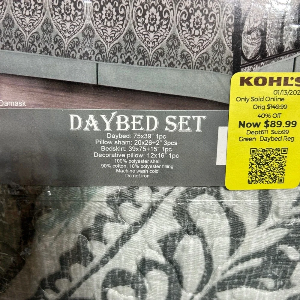 Serenta Daybed Set Twin Green Kingston Damask 6 Piece Quilted‎ Bedding New